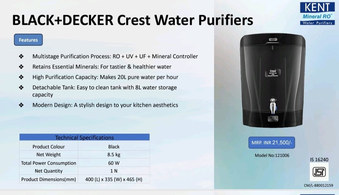 kent black and decker crest water purifiers